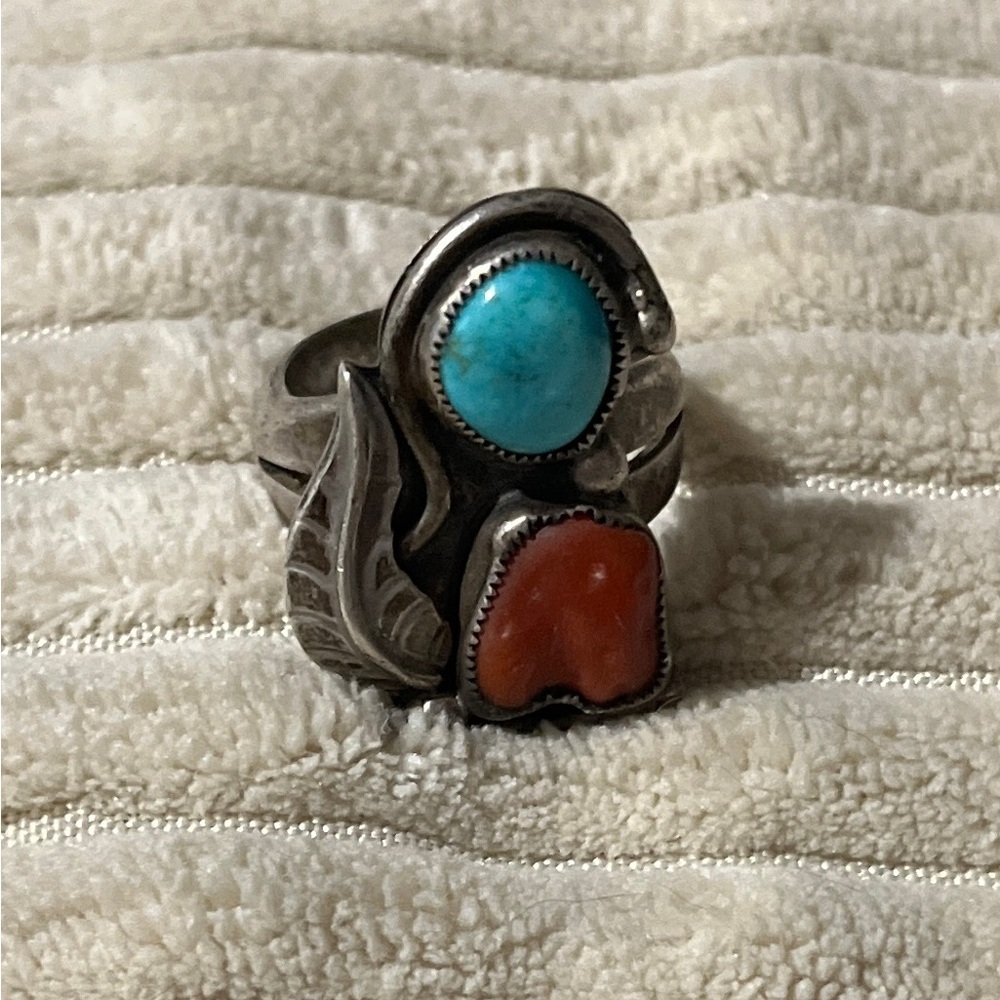 Navajo Sterling Silver Turquoise and Coral Ring